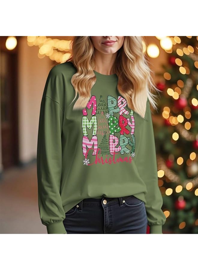إيروريكس تي شيرت عيد ميلاد سعيد للسيدات، قميص جرافيكي لشجرة عيد الميلاد، بلوزة برقبة دائرية وأكمام طويلة، بلوفرات لعطلة عيد الميلاد المجيد - Image 3