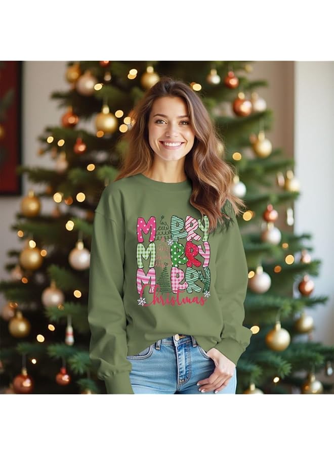 إيروريكس تي شيرت عيد ميلاد سعيد للسيدات، قميص جرافيكي لشجرة عيد الميلاد، بلوزة برقبة دائرية وأكمام طويلة، بلوفرات لعطلة عيد الميلاد المجيد - Image 2