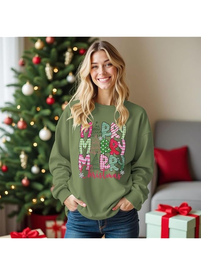 إيروريكس تي شيرت عيد ميلاد سعيد للسيدات، قميص جرافيكي لشجرة عيد الميلاد، بلوزة برقبة دائرية وأكمام طويلة، بلوفرات لعطلة عيد الميلاد المجيد - Image 1