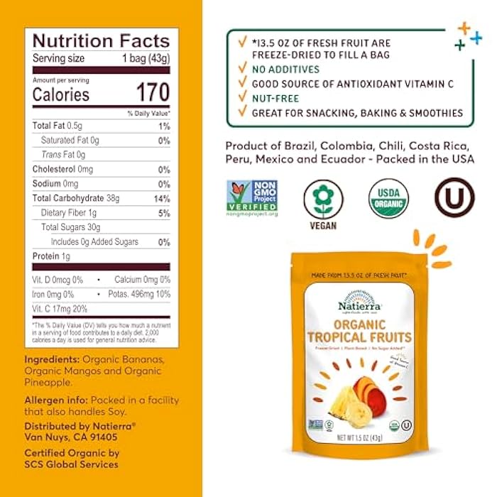 NATIERRA Nature's All Foods Organic Freeze-Dried Tropical Fruits | Non-GMO & Vegan | 1.5 Ounce - Image 2