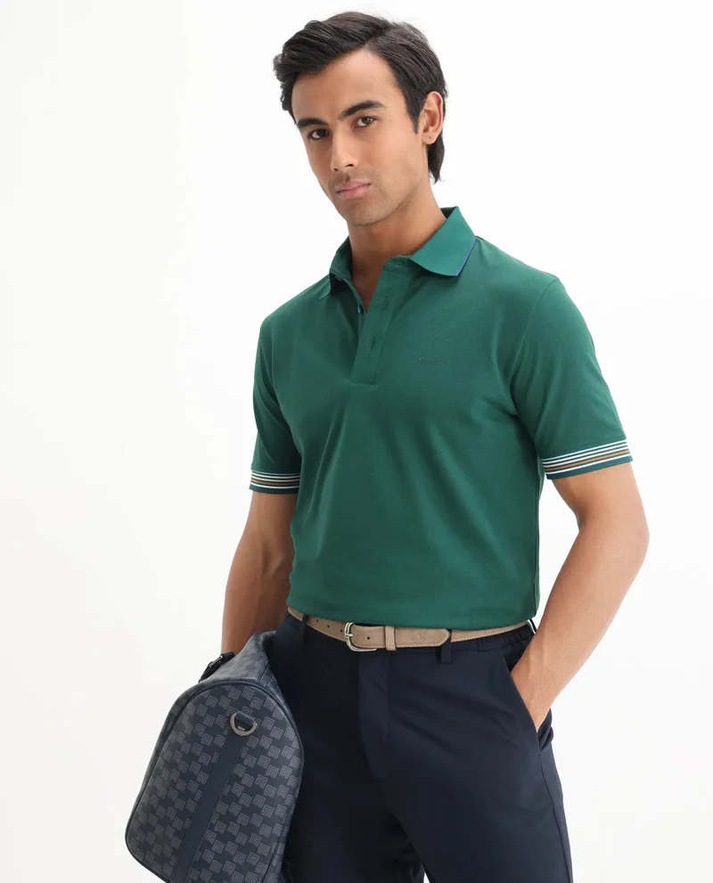 Rare Rabbit Rare Rabbit Men's Carter Dark Green Cotton Fabric Half Sleeve Spread Collar Regular Fit Plain Polo