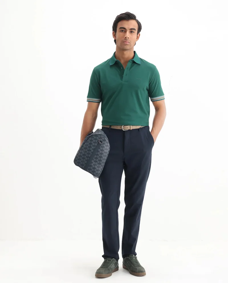 Rare Rabbit Rare Rabbit Men's Carter Dark Green Cotton Fabric Half Sleeve Spread Collar Regular Fit Plain Polo