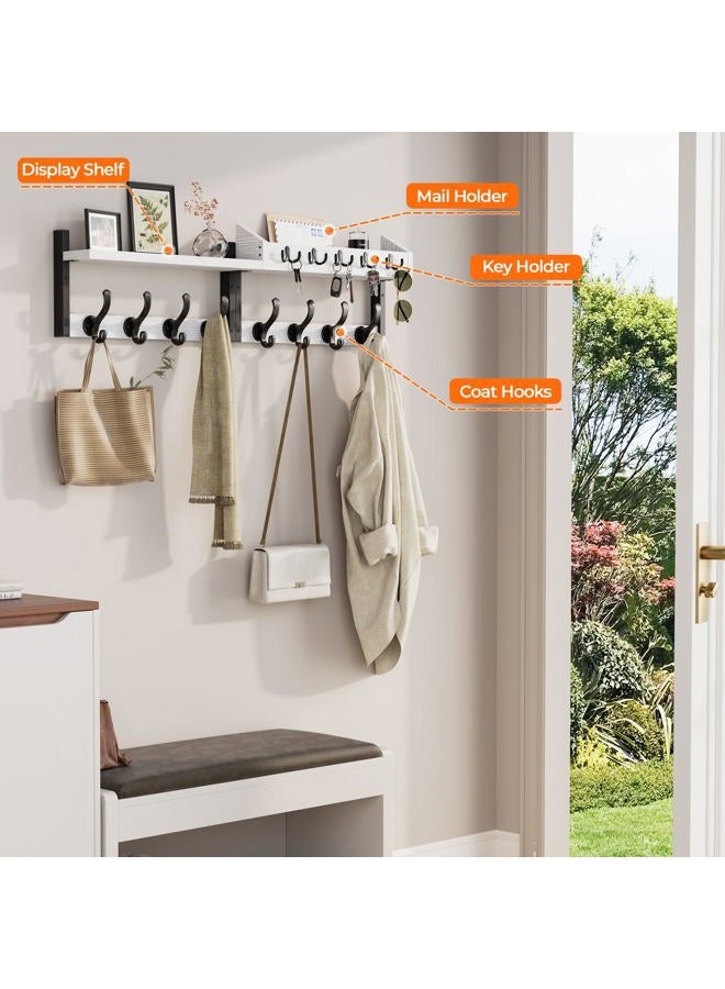 Evermagin 35" Coat Rack Wall Mount with Shelf, 4 in 1 Coat and Key Hanger with 13 Metal Hooks, Entryway Wall Mounted Shelf with Mail Holder for Living Room, Bedroom, White - Image 5