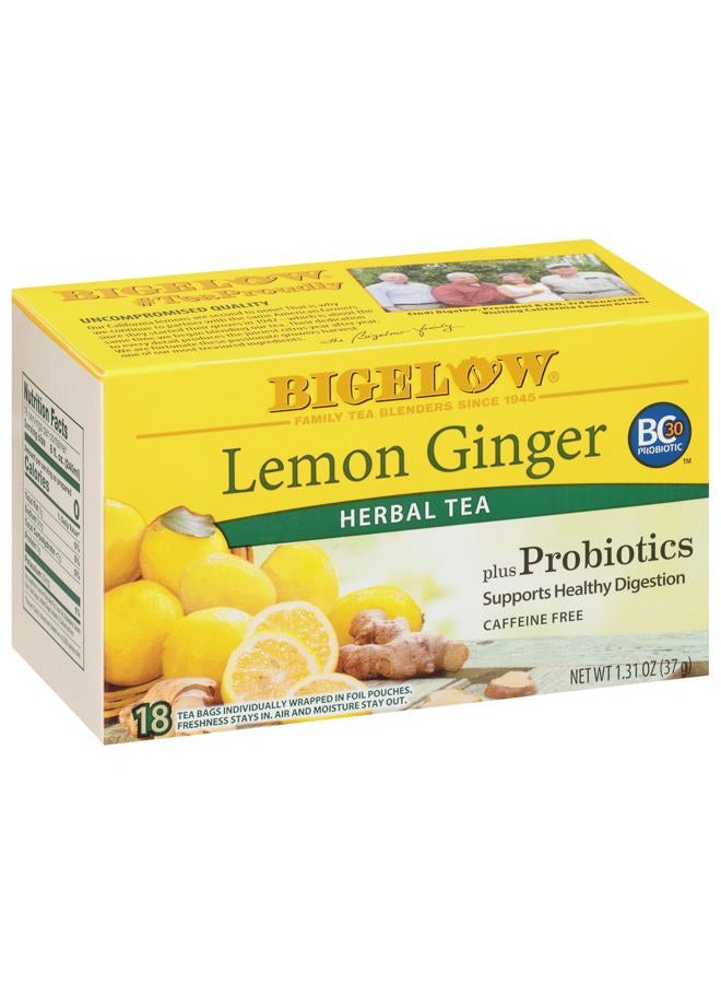 Bigelow Tea Lemon Ginger plus Probiotics Herbal Tea, Caffeine Free Tea, 18 Total Tea Bags (Pack of 1) - Image 1
