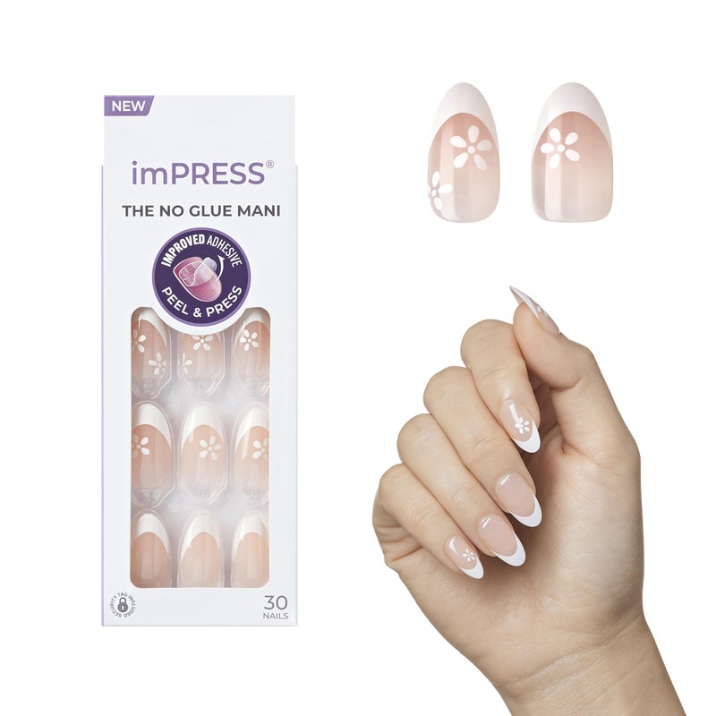 Impress KISS imPRESS No Glue Mani Press On Nails, French, 'Fearless', Light Neutral + White Tip French, Medium, Almond Shape, Includes 30 Nails, Prep Pad, Instructions Sheet, 1 Manicure Stick, 1 Mini File - Image 1