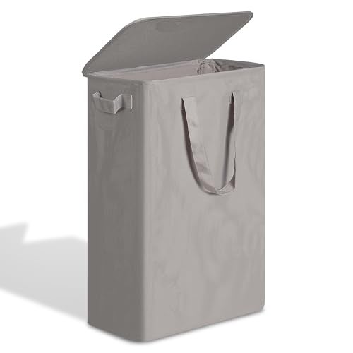 efluky Slim Laundry Basket with Lid Narrow Laundry Hamper with Handles Collapsible Dirty Clothes Hamper Tall Laundry Bin for Laundry Room Dorm and Bedroom 55L Grey - Image 1