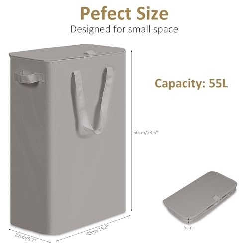 efluky Slim Laundry Basket with Lid Narrow Laundry Hamper with Handles Collapsible Dirty Clothes Hamper Tall Laundry Bin for Laundry Room Dorm and Bedroom 55L Grey - Image 3