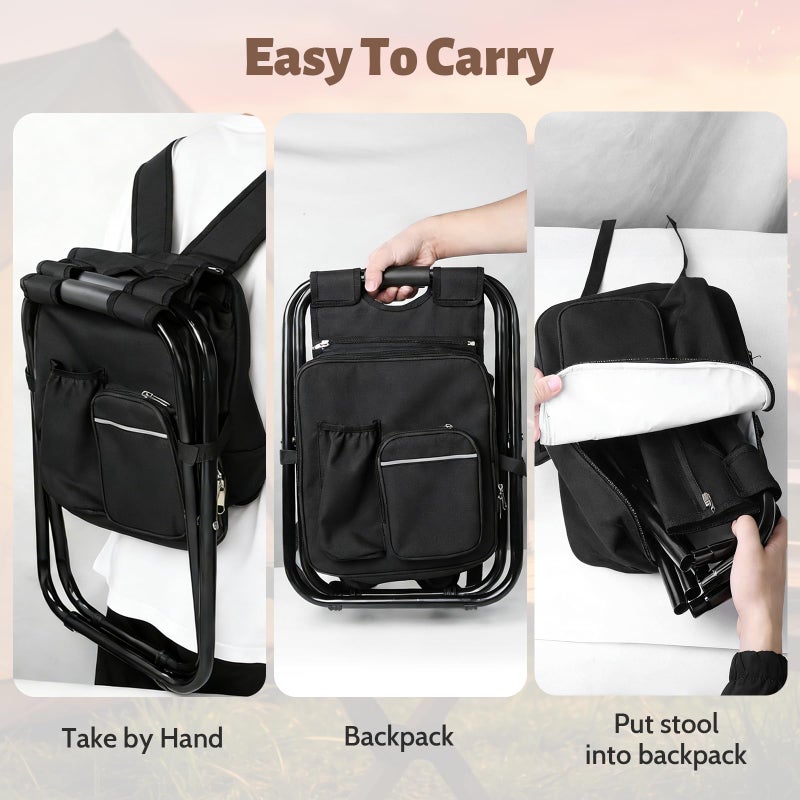 SDLDEER Folding Camping Chair Stool Backpack with Cooler Insulated Picnic Bag, Portable Hunting Fishing Multifunction Chair for Outdoors Hiking Hunting Travel (Black) - Image 4