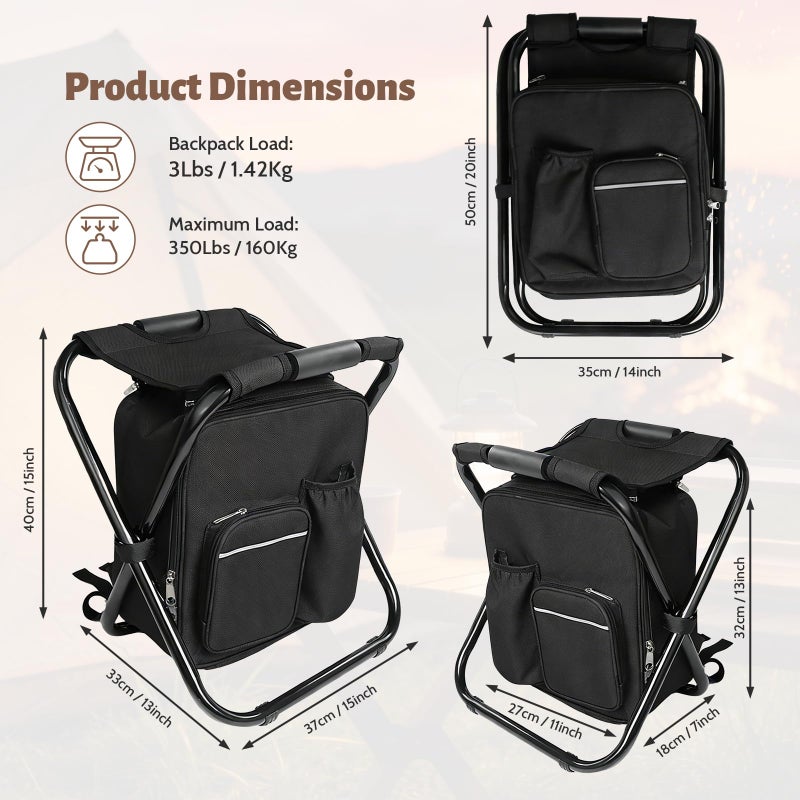 SDLDEER Folding Camping Chair Stool Backpack with Cooler Insulated Picnic Bag, Portable Hunting Fishing Multifunction Chair for Outdoors Hiking Hunting Travel (Black) - Image 2