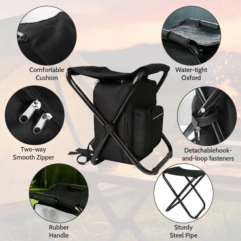 SDLDEER Folding Camping Chair Stool Backpack with Cooler Insulated Picnic Bag, Portable Hunting Fishing Multifunction Chair for Outdoors Hiking Hunting Travel (Black) - Image 5