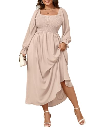 SHESTARR Women's Plus Size Maxi Dress Long Sleeve Square Neck Smocked Flowy A-Line Boho Wedding Party Maxi Dress Beige - Image 1