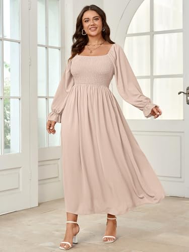 SHESTARR Women's Plus Size Maxi Dress Long Sleeve Square Neck Smocked Flowy A-Line Boho Wedding Party Maxi Dress Beige - Image 2