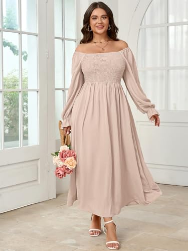 SHESTARR Women's Plus Size Maxi Dress Long Sleeve Square Neck Smocked Flowy A-Line Boho Wedding Party Maxi Dress Beige - Image 3