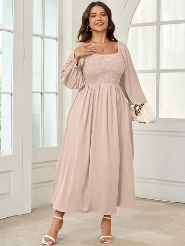 SHESTARR Women's Plus Size Maxi Dress Long Sleeve Square Neck Smocked Flowy A-Line Boho Wedding Party Maxi Dress Beige - Image 5