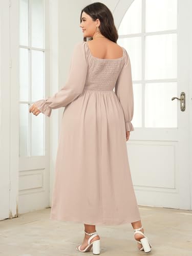 SHESTARR Women's Plus Size Maxi Dress Long Sleeve Square Neck Smocked Flowy A-Line Boho Wedding Party Maxi Dress Beige - Image 4