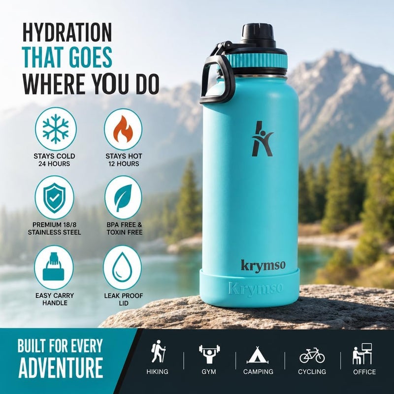 KRYMSO 950ml Stainless Steel Water Bottle, Insulated Thermos Flask, Leakproof, BPA-Free, Gym (Turquoise) - Image 2