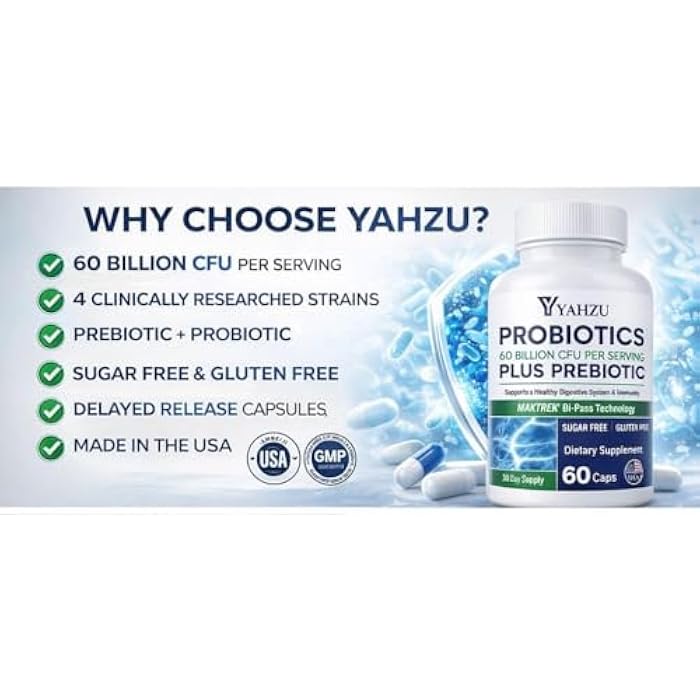 60 Billion CFU Probiotics with Prebiotic Fiber – Synbiotic Digestive & Immune Support for Men & Women, 4 Clinically Researched Strains, 60 Vegan Capsules - Image 4