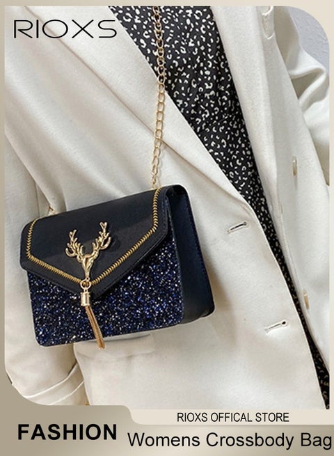 حقيبة نسائية مستطيلة الشكل، حقيبة كتف مزينة بترتر على شكل رأس غزال وتطريزات، مع حزام سلسلة قابل للتعديل، حقيبة أنيقة للاستخدام اليومي للتسوق والتنقل