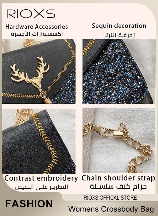 ريوكس حقيبة نسائية مستطيلة الشكل، حقيبة كتف مزينة بترتر على شكل رأس غزال وتطريزات، مع حزام سلسلة قابل للتعديل، حقيبة أنيقة للاستخدام اليومي للتسوق والتنقل - Image 4