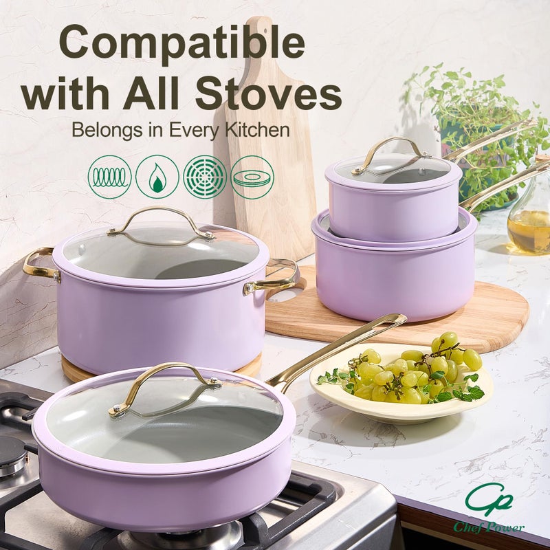 Chef Power Ceramic Frying Pan with Stainless Steel handle 5Pcs Set, Non Stick Grill Pan Set, Dishwasher and Oven Safe, Light Purple and Granite Grey - Image 5