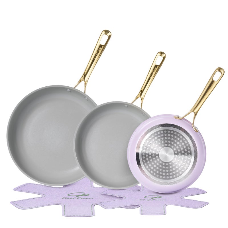 Chef Power Ceramic Frying Pan with Stainless Steel handle 5Pcs Set, Non Stick Grill Pan Set, Dishwasher and Oven Safe, Light Purple and Granite Grey - Image 1