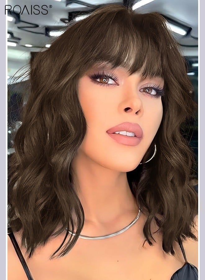 رويس شعر مستعار مموج رقيق مع غرة للنساء، باروكة شعر مستعار للنساء ذوات الشعر الخفيف، تغطية تساقط الشعر، شعر رمادي، بني فاتح، 45 سم (18 بوصة) - Image 2