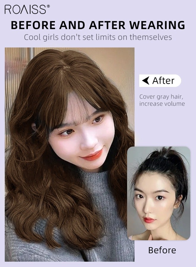 رويس شعر مستعار مموج رقيق مع غرة للنساء، باروكة شعر مستعار للنساء ذوات الشعر الخفيف، تغطية تساقط الشعر، شعر رمادي، بني فاتح، 45 سم (18 بوصة) - Image 4