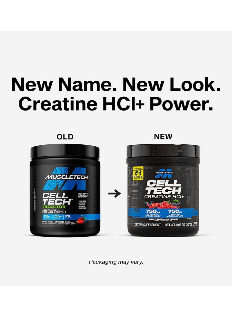 Cell Tech Creactor، كرياتين حمض الهيدروكلوريك + كرياتين خالي من الأحماض، نكهة الفاكهة الفائقة، 120 حصة