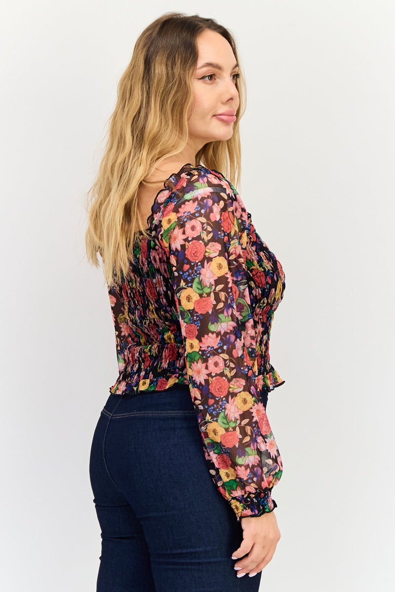 DESIGUAL Women Square Neck Long Sleeve Floral Print Top, Multicolor - Image 2