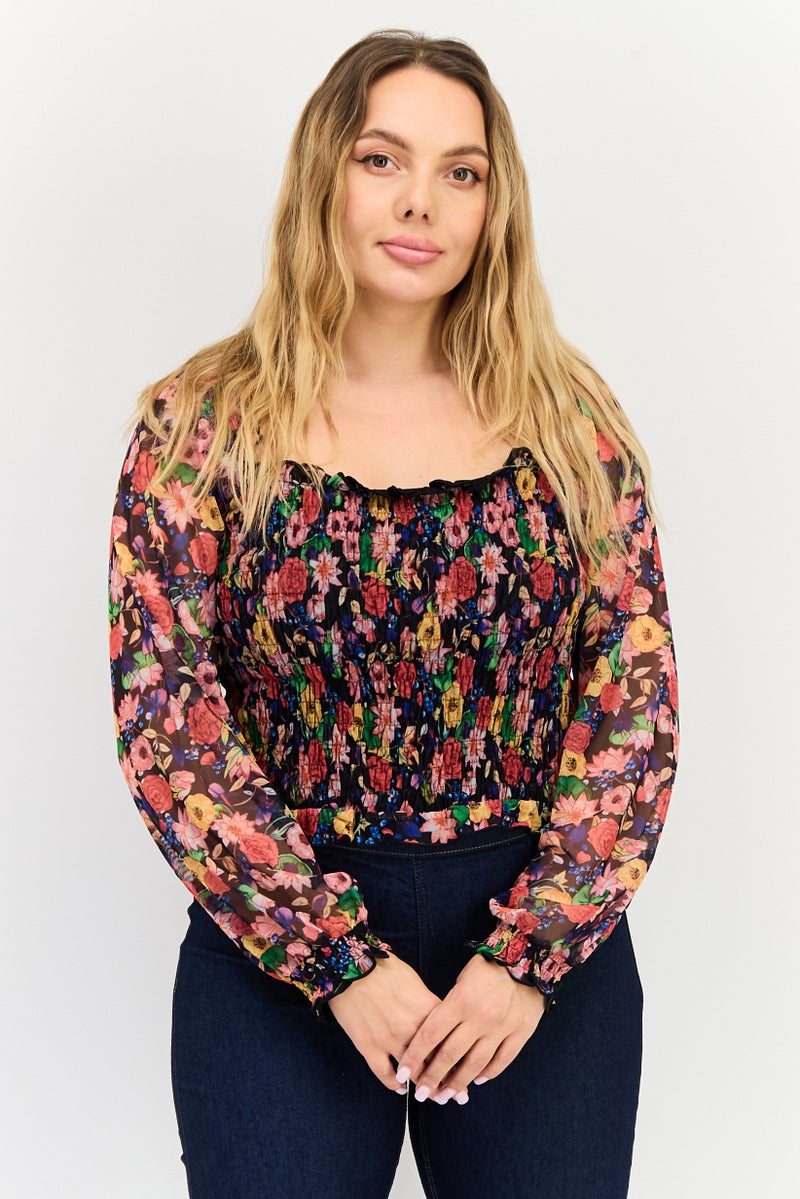 DESIGUAL Women Square Neck Long Sleeve Floral Print Top, Multicolor - Image 1