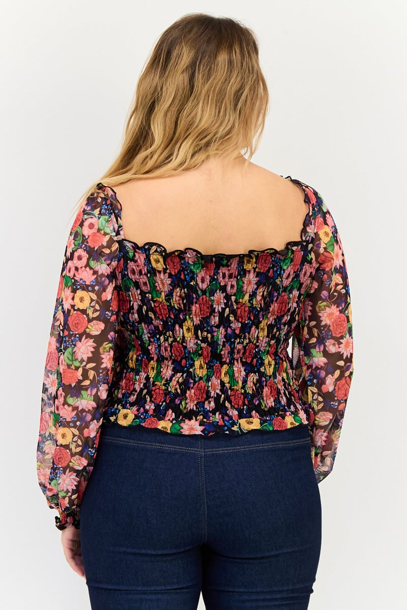 DESIGUAL Women Square Neck Long Sleeve Floral Print Top, Multicolor - Image 4