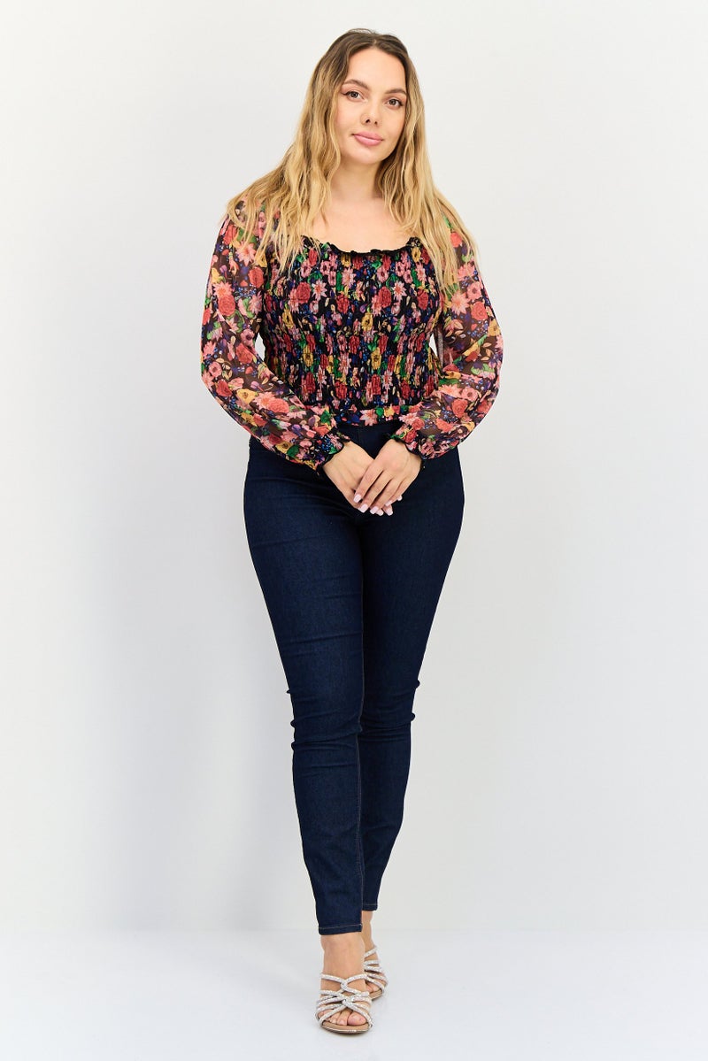 DESIGUAL Women Square Neck Long Sleeve Floral Print Top, Multicolor - Image 3