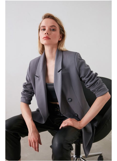 Gray Oversize Lined Double Breasted Closure Woven Blazer Jacket TWOAW20CE0130