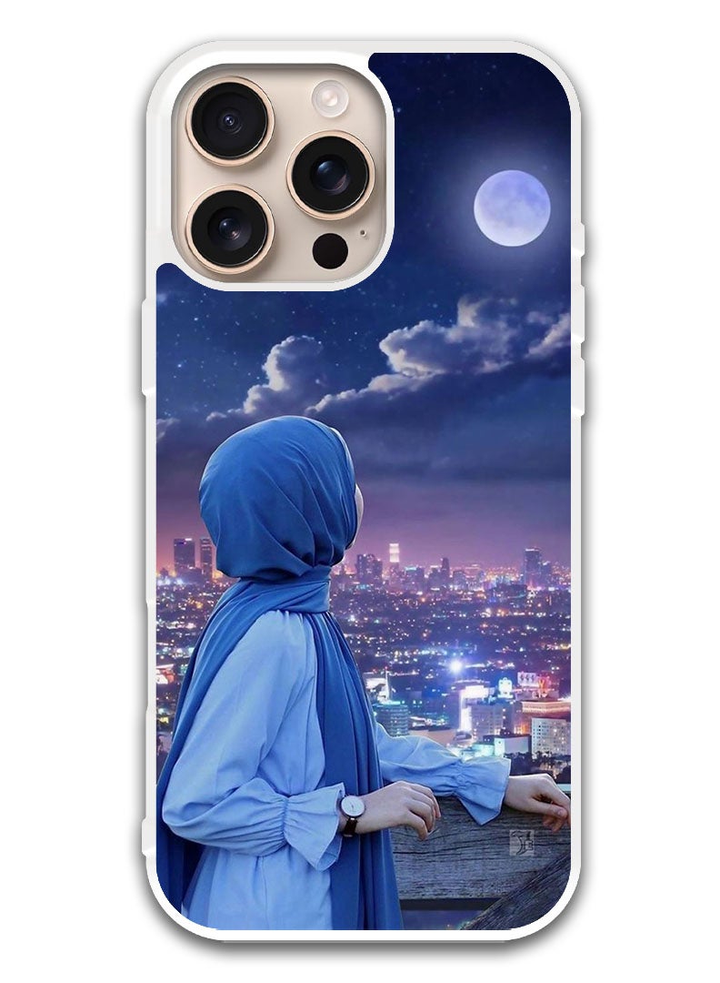 Theodor Protective Case Cover For APPLE IPHONE 16 Pro Max Hijab Girl Looking at Moon (White Bumper) - Image 1