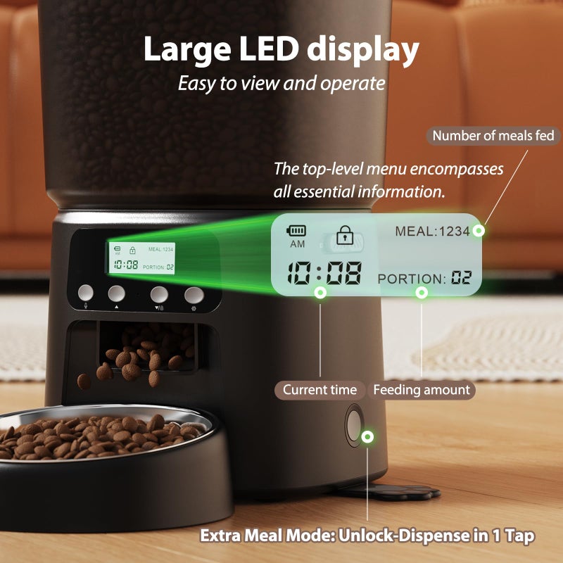 Petrice Automatic Cat Feeder, 4L/16Cups Cat Food Dispenser with Stainless Steel Bowl Programmable 30 Portions 6 Meals per Day, Timed Pet Feeder for Kitty Small Dogs with 10S Voice Record, Black - Image 4