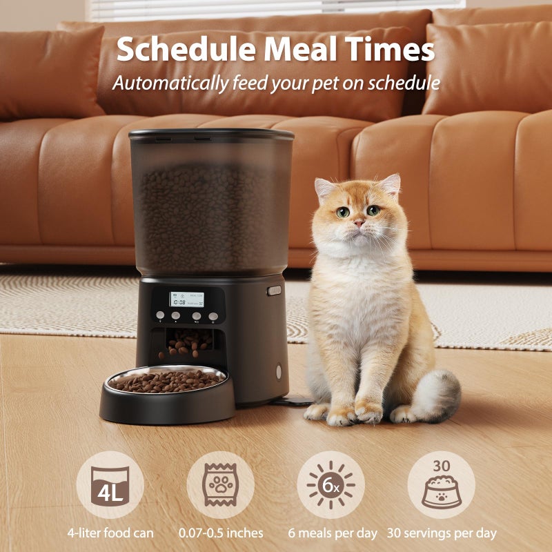 Petrice Automatic Cat Feeder, 4L/16Cups Cat Food Dispenser with Stainless Steel Bowl Programmable 30 Portions 6 Meals per Day, Timed Pet Feeder for Kitty Small Dogs with 10S Voice Record, Black - Image 2