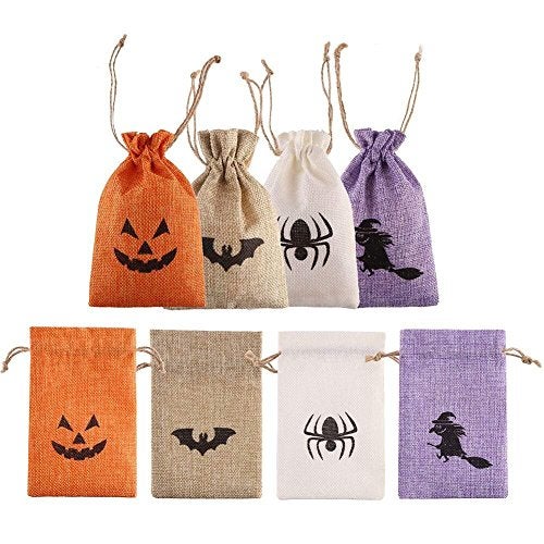 DECORA Halloween Burlap Gift Bags with Double Jute Drawstrings Candy Pouch Halloween Treat Bags with Different Designs Pack of 50 - Image 1