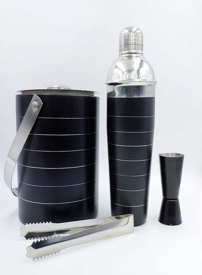 EVK® Pack of 4 Piece Black Ring Bar Set for Drink/Gift, Double Wall - Ice Bucket with Tong, Peg Measurer & Cocktail Shaker - Image 2