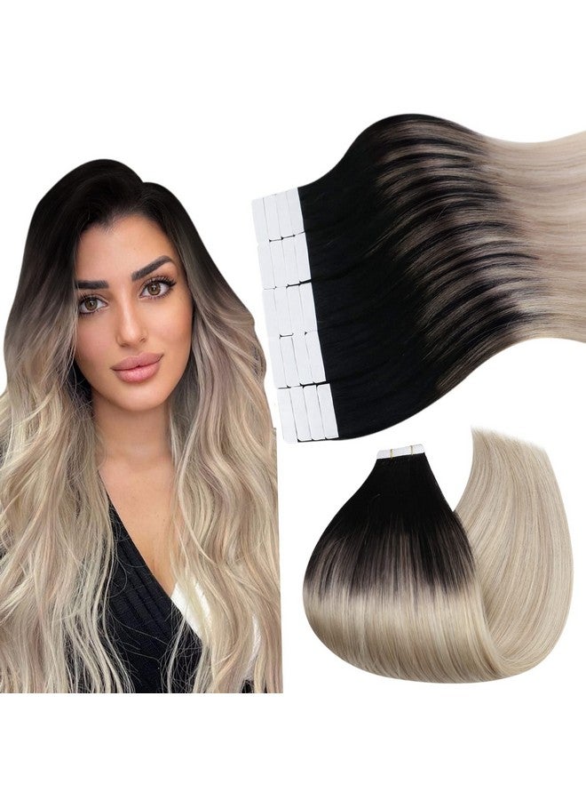 Ugeat 22Inch Tape In Hair Extensions For Women Balayage Tape In Extensions Real Human Hair Black Ombre Ash Blonde Mix Platinum Blonde Balayage Seamless Tape Hair Extensions Remy Hair 20Pcs 50G - Image 1
