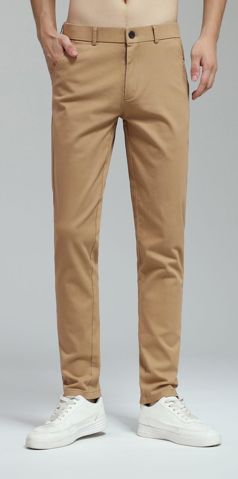 Plaid&Plain Men's Skinny Stretchy Khaki Pants Colored Pants Slim Fit Slacks Tapered Trousers 819 Khaki 29X32 - Image 2