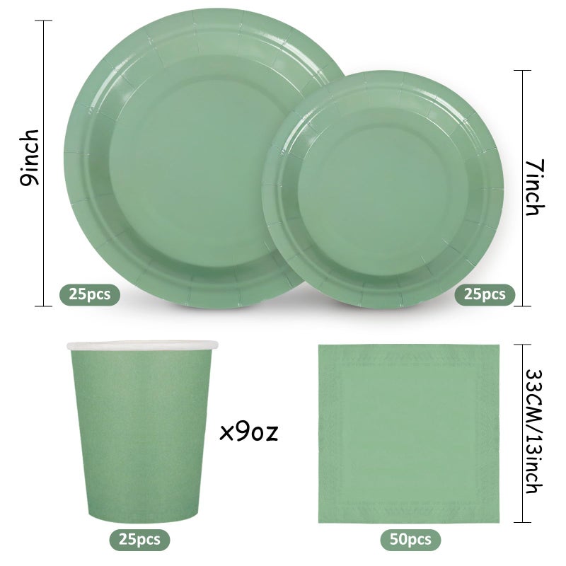 Whaline 100Pcs Sage Green Tableware Set Wedding Disposable Dinnerware Set 50Pcs Paper Plates 25Pcs Napkin 25Pcs Cups for Wedding Birthday Bride Shower Party Supplies Table Decorations - Image 2