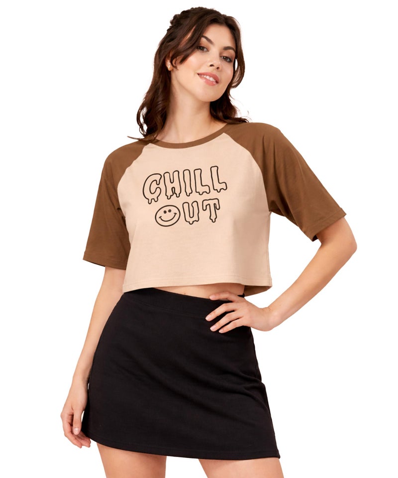 SHODOX® 100% Cotton Crop top for Womens - Printed Raglan Sleeve Stylish Tshirt, Relaxed Fit Drop Shoulder Tops for Women - Image 1