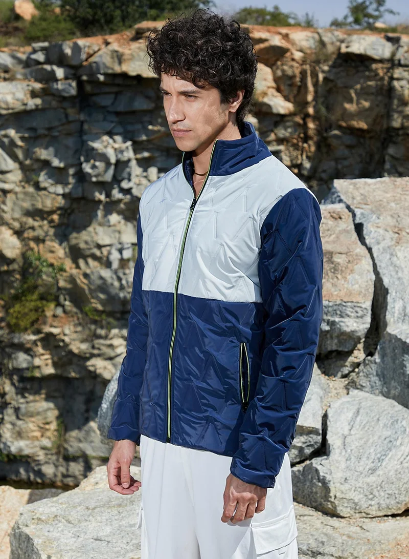 CAHOOT  Men's Navy Blue & Light Grey Contrast V Quilted Puffer Jacket for Men | Best Price UAE