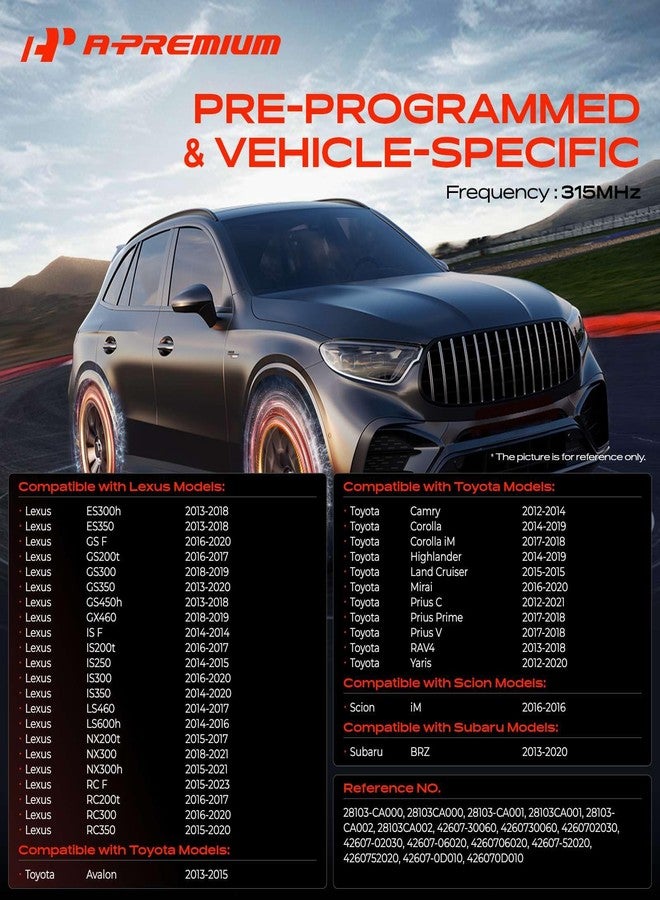 أ-بريميوم مستشعرات مراقبة ضغط الإطارات A-Premium TPMS مبرمجة مسبقًا (4 قطع) - متوافقة مع سيارات تويوتا، لكزس، وسيون - أفالون، كامري، كورولا، هايلاندر، بريوس، راف 4، ياريس، سلسلة ES LS GS - 315 ميجاهرتز - Image 3