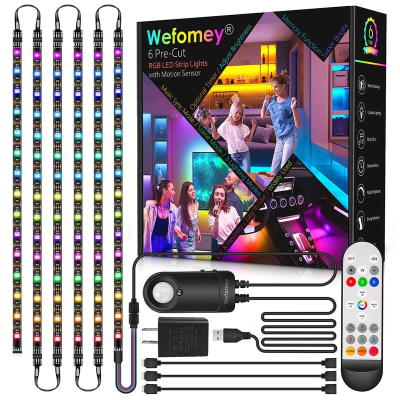 Wefomey RGB Under Cabinet Lights with Motion Sensor, 6 Pre-Cut LED Strip Lights with Remote Control, Music Sync Color Changing Closet Lights, for Kitchen, Counter, Shelf, TV Backlight, Bookcase, 9.8ft - Image 1