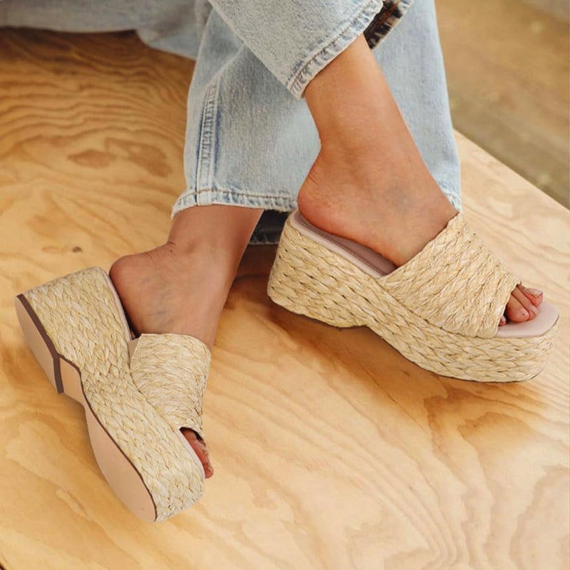 EQAUDES Platform Slip on Espadrille Sandals for Women Wedges Slides Bohemia Sandals Flatform Open Toe Beach Sandals - Image 3