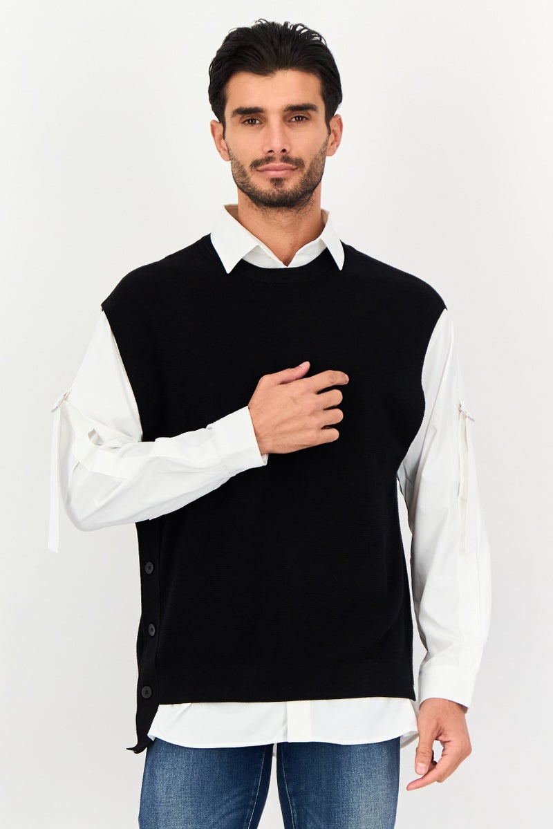 SELECTED Men 2 In 1 Crew Neck Knitted Vest Sweater With Casual Shirt, Black - Image 1