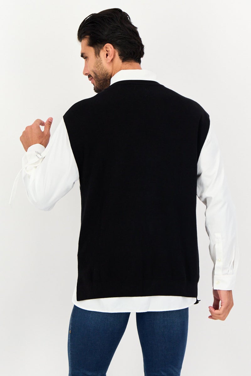 SELECTED Men 2 In 1 Crew Neck Knitted Vest Sweater With Casual Shirt, Black - Image 2