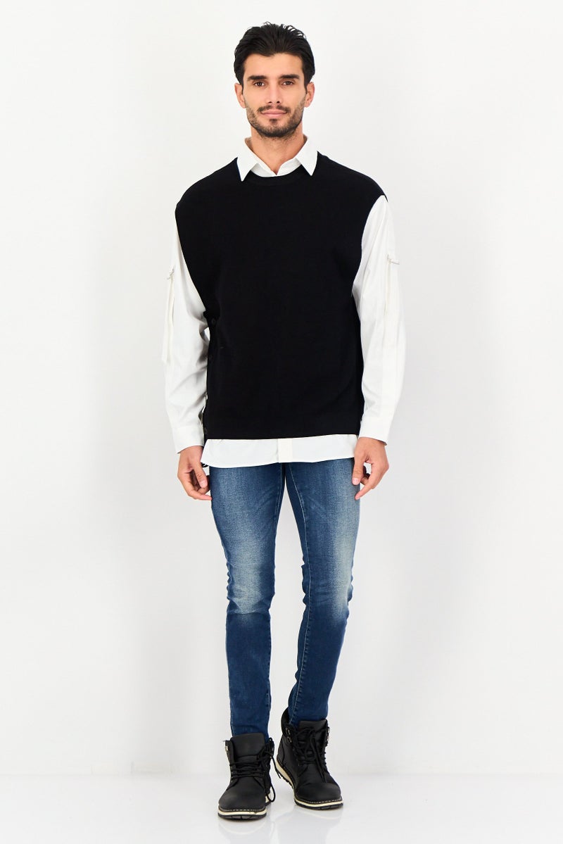 SELECTED Men 2 In 1 Crew Neck Knitted Vest Sweater With Casual Shirt, Black - Image 4