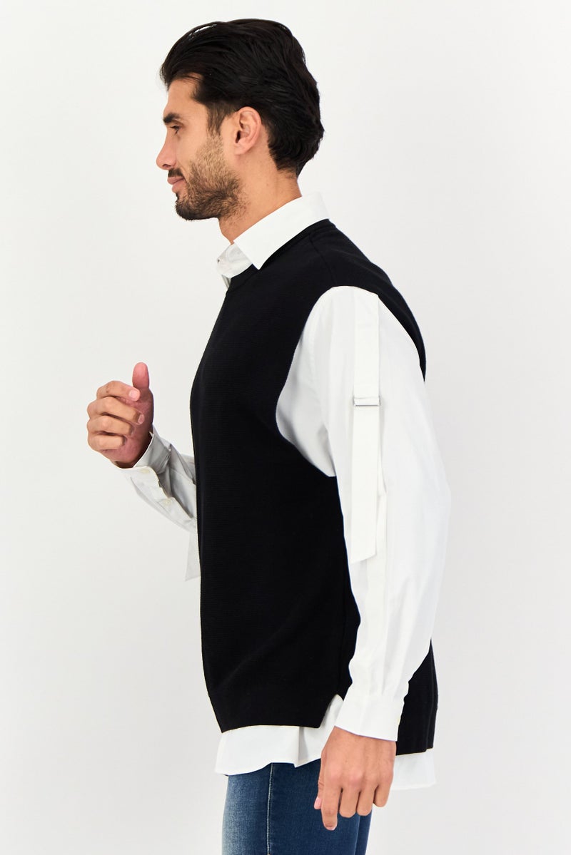 SELECTED Men 2 In 1 Crew Neck Knitted Vest Sweater With Casual Shirt, Black - Image 3